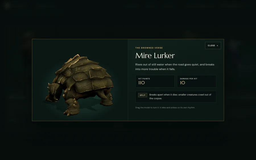 Bestiariet på playavaryn.com med en roterande modell av en Mire Lurker